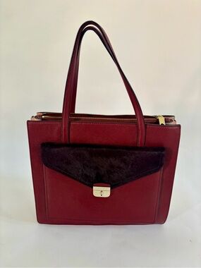 Kate Spade New York Burgundy Leather Tote Bag w/ Faux Calf Hair Flap Oxblood